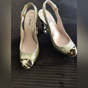 MIU MIU Gold Glitter Pony Hair Slingback Shoes Size 37
